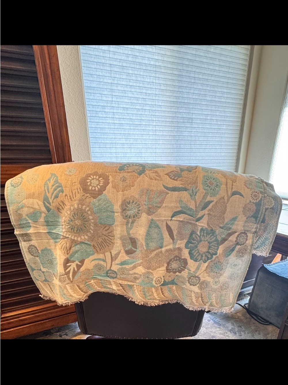 Chico’s  Floral Woven Scarf Wrap Shawl Silver,Gray, Teal, Fringe